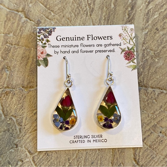 Genuine Flowers Pressed Flowers Sterling Silver Drop Earrings NWT - Picture 3 of 6